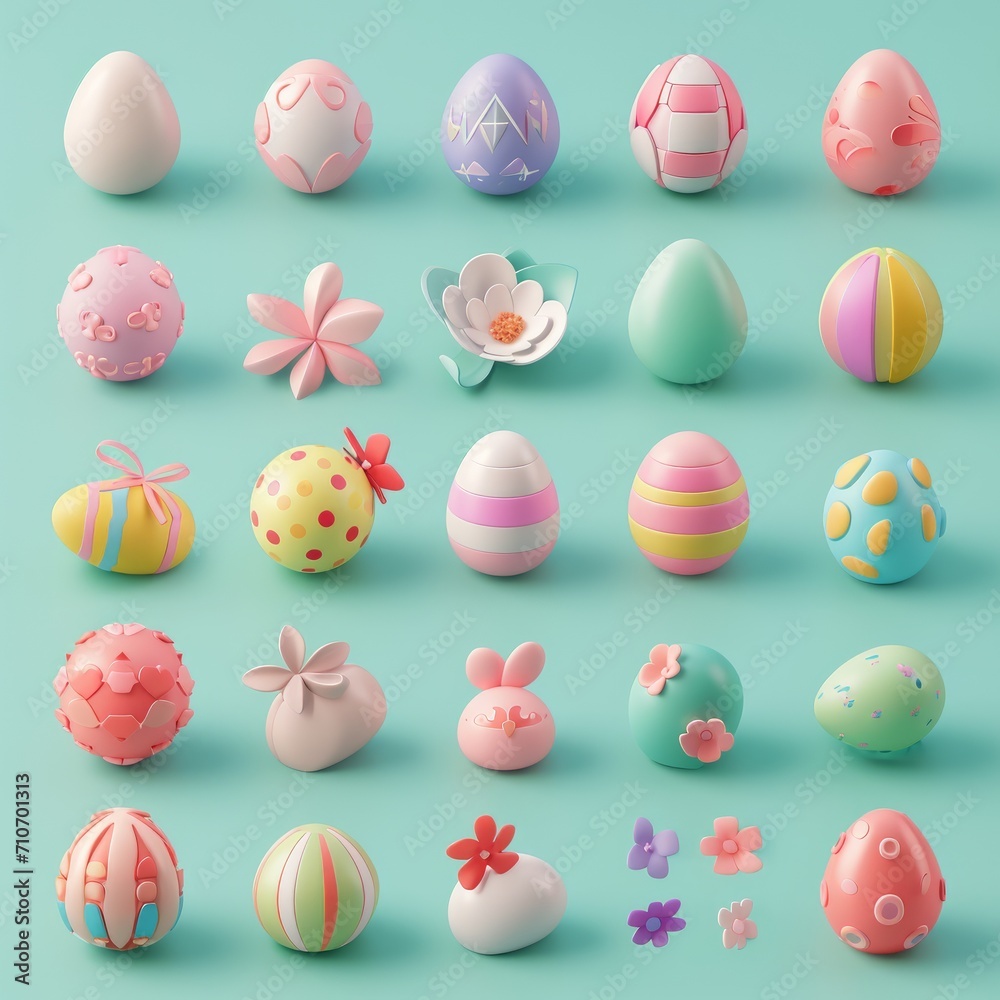 Set of 3D render Easter plastic eggs. Easter decorations