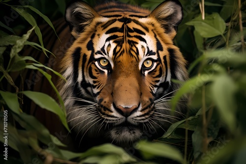 A regal Bengal tiger prowling through dense foliage, its piercing gaze locked forward. © Animals