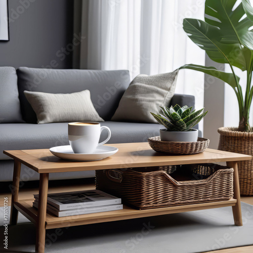 Wooden coffee table with wicker basket and cup of hot coffee near sofa in living room  modern home design 