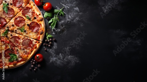 Delicious pizza on black stone background with top view  ingredients  and empty space for text