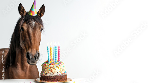 Horse wearing a birthday hat in front of a birthday cake isolated on white background