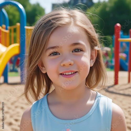 Naughty little girl with flowing hair, against the background of a summer playground, concept of a happy childhood,