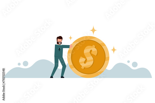 A male businessman is rolling a large gold coin. Earning, saving, and investing financially. Vector illustration flat design style