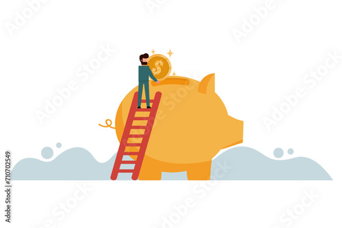 A businessman climbs up a ladder to put gold coins into his large piggy bank. Saving and finance concept. Vector illustration flat design style