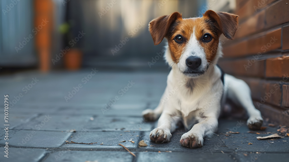 jack russell terrier sitting on the ground, a loyal and loving dog wagging its tail, waiting eagerly for its owner's return