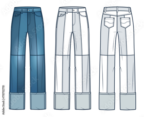 Patchwork Jeans Pants technical fashion illustration. Cuff Denim Pants fashion flat technical drawing template, high waist, wide leg, front, back view, white, blue, women, men, unisex CAD mockup set.