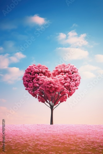 A magical Valentine's scene unfolds with a heart-shaped tree of pink leaves on a sky background,vertical photo. © JuLady_studio