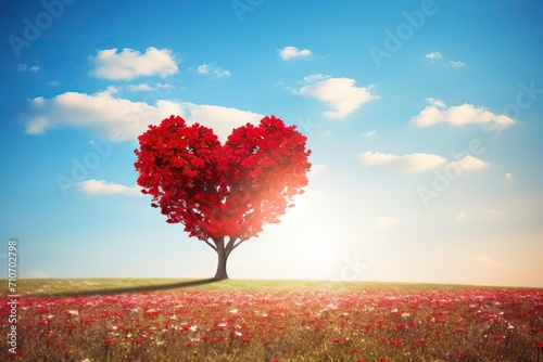 Heart tree made of red leaves, creating a captivating Valentine's Day background against a sky canvas in a field.