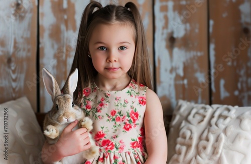 Little beautiful girl hugs a rabbit. Bunny is a symbol of Easter.