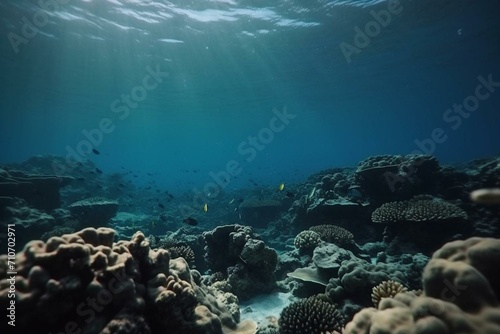 Underwater scene in Egypt with colorful fish groups in a coral reef and clean ocean water. Dark mood. Generative AI