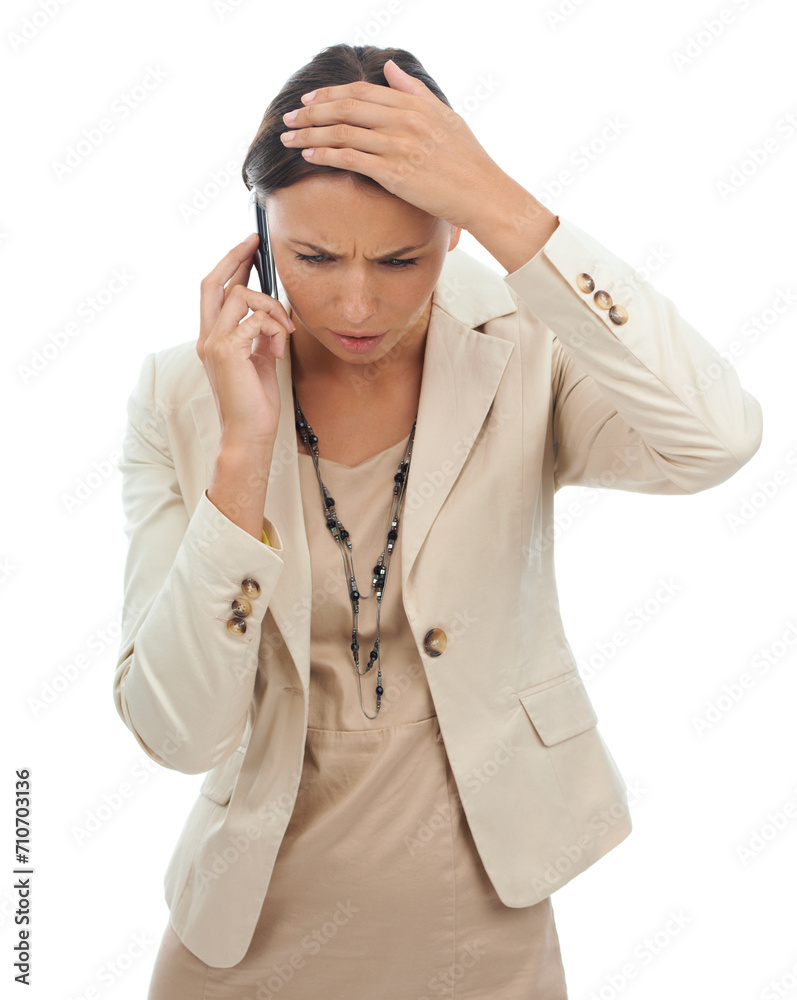 Business woman with phone call, stress and studio for networking problem, debt or crisis. Internet connection, smartphone and app for consultant on white background with mistake, burnout or fail. Business woman with phone call, stress and studio for networking problem, debt or crisis. Internet connection, smartphone and app for consultant on white background with mistake, burnout or fail.