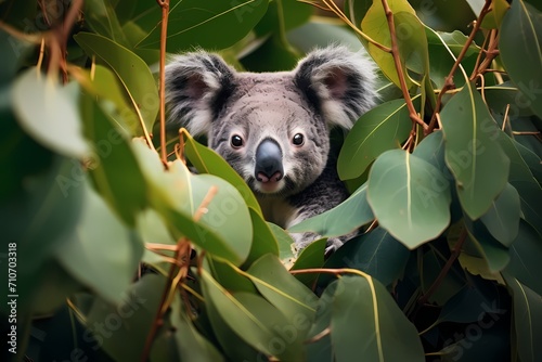 A serene scene of a lone koala nestled among eucalyptus leaves in the Australian bush.