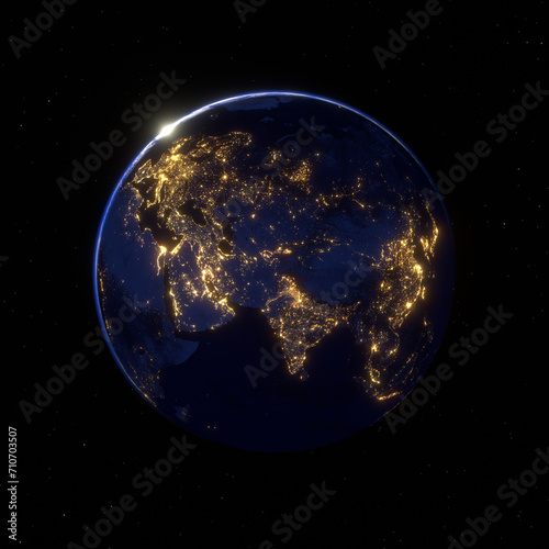 Fototapeta Naklejka Na Ścianę i Meble -  Eastern hemisphere at night from space with brightly lit cities and sunrise, 3D render