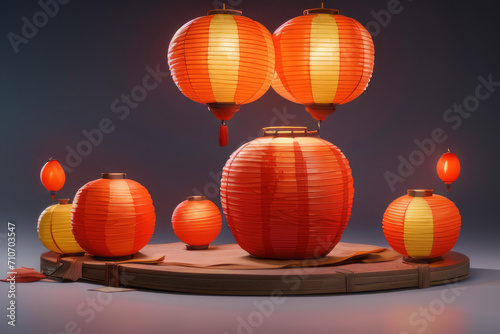 a bunch of paper lanterns hanging from a ceiling  glowing lanterns generative ai