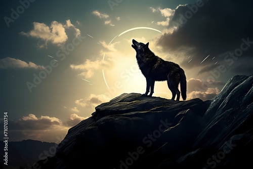 A serene scene of a lone wolf standing atop a rocky outcrop, silhouetted against a full moon.