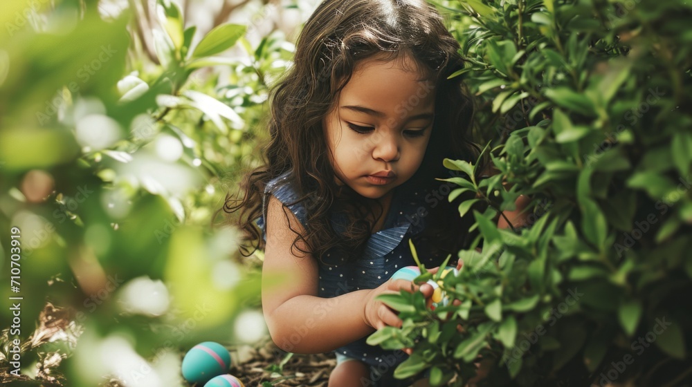 Little happy asian girl is hunting for Easter eggs. Easter traditions. Little happy asian girl is hunting for Easter eggs. Easter traditions.
