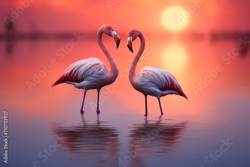 A serene scene of a pair of flamingos wading gracefully in shallow waters  their pink hues mirrored in the sunset.
