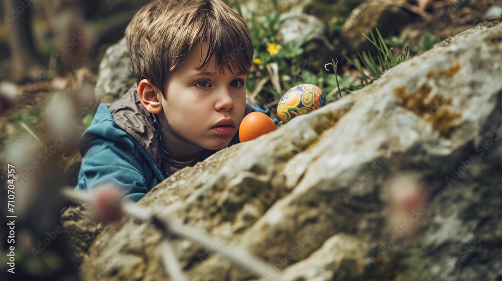 Little happy kid is hunting for Easter eggs. Easter traditions. Little happy kid is hunting for Easter eggs. Easter traditions.