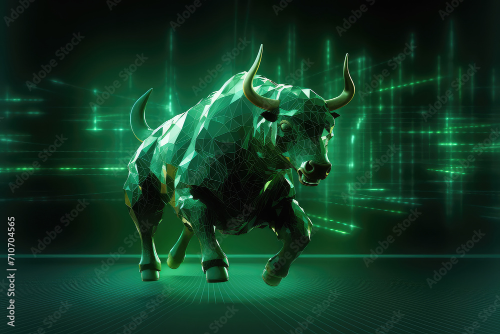 Metallic green bull or bullish with market trend in crypto currency or stocks. Trade exchange background, up arrow graph for increase in rates.3d render illustration.