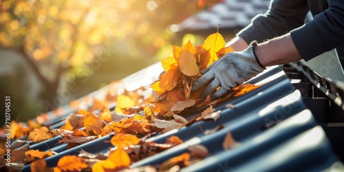 Hand clearing out fallen autumn leaves from a house gutter , concept of Foliage removal
