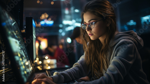 Young woman hacker with glasses typing on the computer in a computer lab
