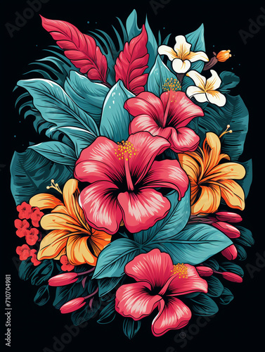 super T-shirt design featuring tropical flowers with a little-flat graphic design created with Generative Ai