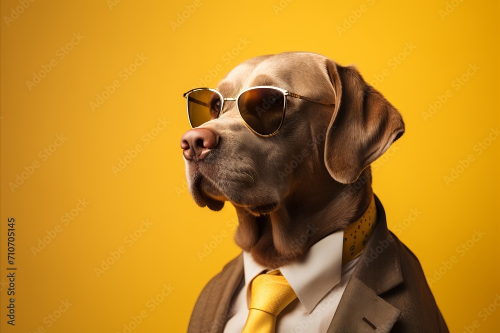Sunglasses wearing dog in a suit, isolated on yellow background with copy space on the left