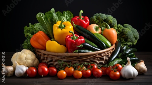 Assorted vegetables in woven basket  showcasing texture and variety  warm natural light