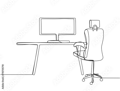 Workplace in continuous one line art style. Office desk with monitor and a chair. Simple vector illustration