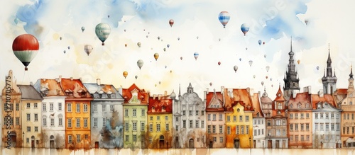 Illustration watercolor sketch drawing traditional apartment buildings with Hot air balloon. photo