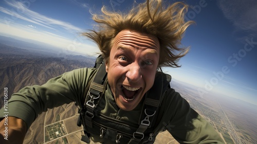 Thrilled man skydives from airplane, embracing pure joy and freedom in a breathtaking freefall