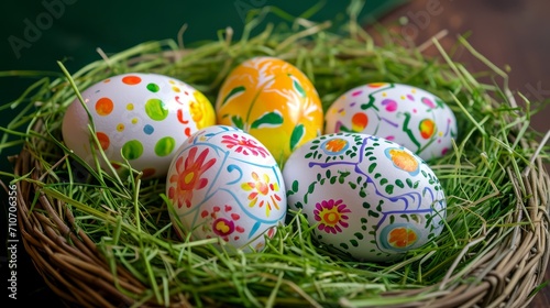 Easter nest with colorful eggs on white background. Holidays decorations.