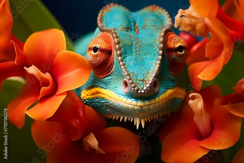 A tiny chameleon blending into vibrant tropical flowers.