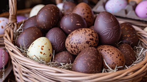 Chocolate easter eggs in the woven basket. Holidays decorations.