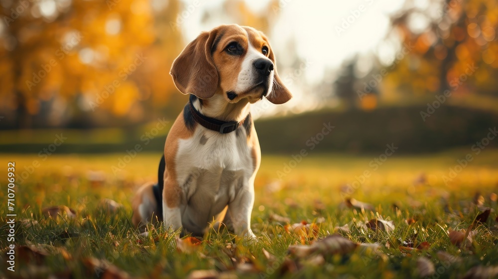 Dog portrait. Beagle dog in the park in autumn