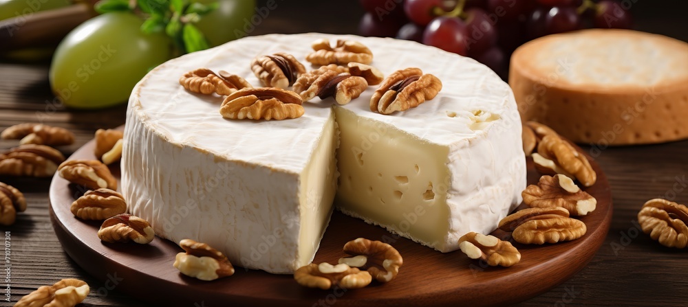 Cheese delicacy with walnuts and crackers on wooden plate   perfect for wine pairing and romance