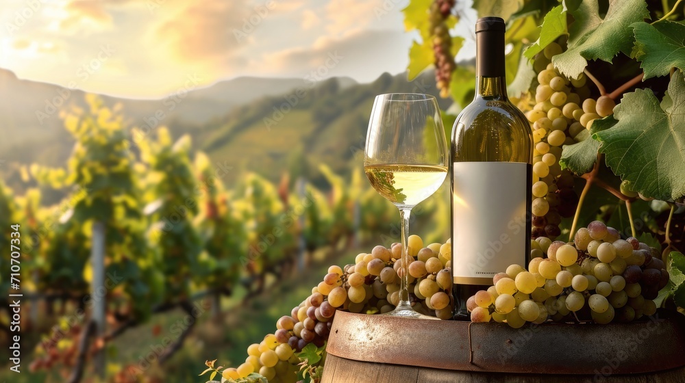 White wine glass and grape on wooden barrel with vineyard background
