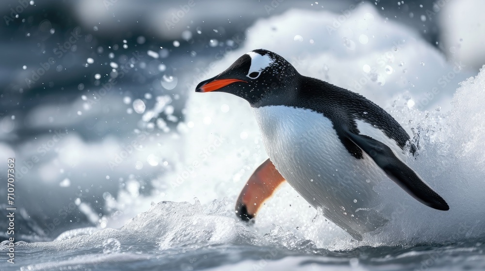 Fototapeta premium Close up portrait of one penguin walking in the snow of Antarctica with foot raised, wings outstretched
