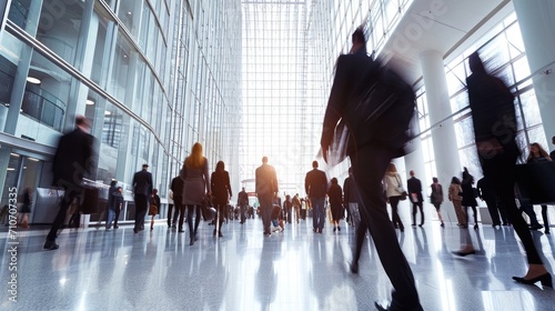 blurred people walking in a modern hall