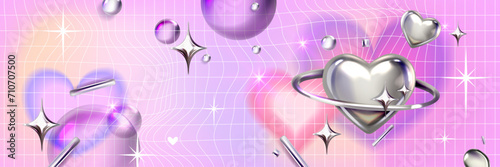 Y2k blur gradient heart background, love futuristic vector poster, trendy chrome 3D shapes grid. Abstract romantic aesthetic Valentine Day holiday banner, silver heart, 2000s party. Y2k background photo