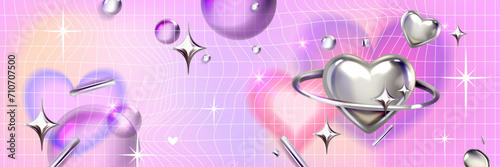Y2k blur gradient heart background, love futuristic vector poster, trendy chrome 3D shapes grid. Abstract romantic aesthetic Valentine Day holiday banner, silver heart, 2000s party. Y2k background
