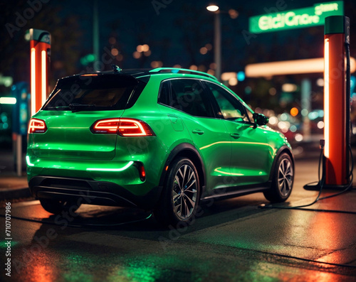 Car charging at electric car charging station. Electric vehicle charger station for charge EV battery. EV car charging point. Clean energy. Sustainable transportation. Green technology. . Neon light.