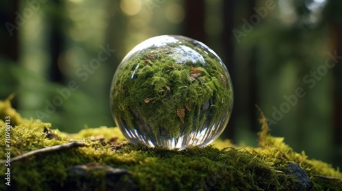 Crystal Ball on mossy tree stump in the woods in New England natural. © Zie