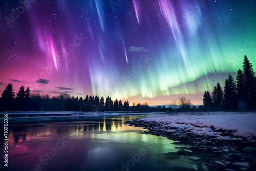 Northern lights paint cold park with green hues under the polar sky - icy reflections on winter landscapes.