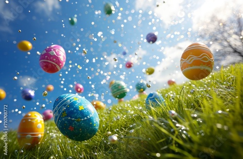 Decorated Easter eggs in field. Colorful background. Easter banner. © Oleg