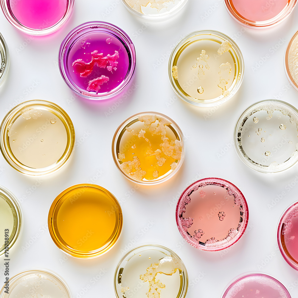 Petri dishes with different liquid samples on white background, top view. Petri dishes with different liquid samples on white background, top view.