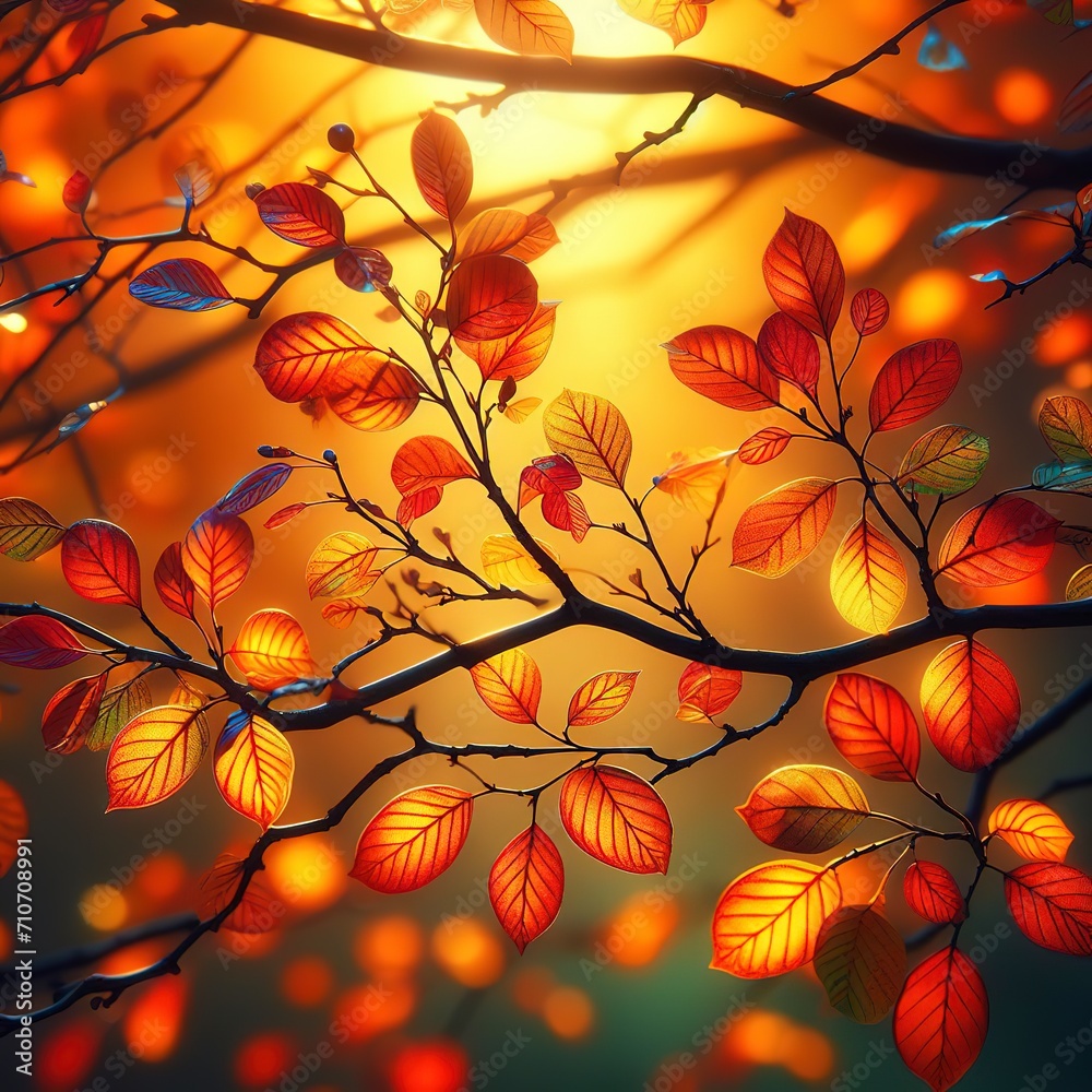 Vibrant autumn tree branch in close up beauty