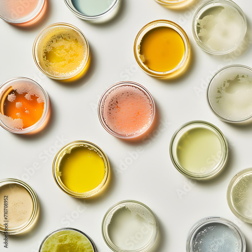 Petri dishes with different liquid samples on white background, top view.