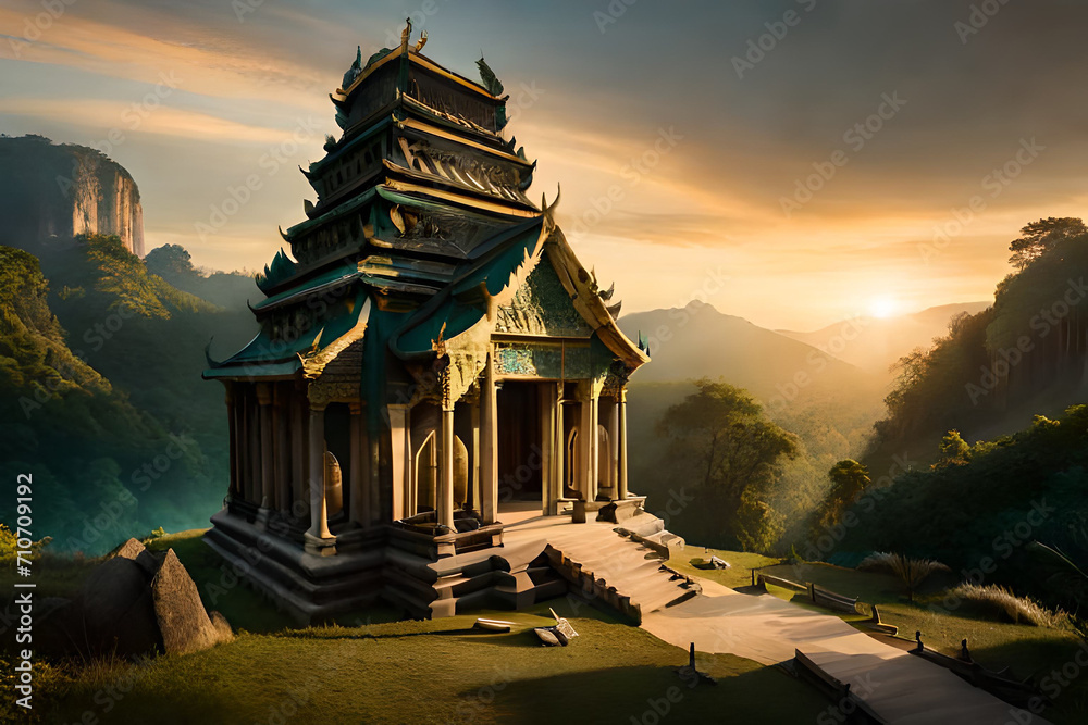 Naklejka premium Ancient Ta Promh temple in the jungle, background AI generated illustration.
