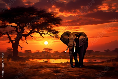 A tranquil scene of a lone elephant silhouetted against a fiery African sunset. photo